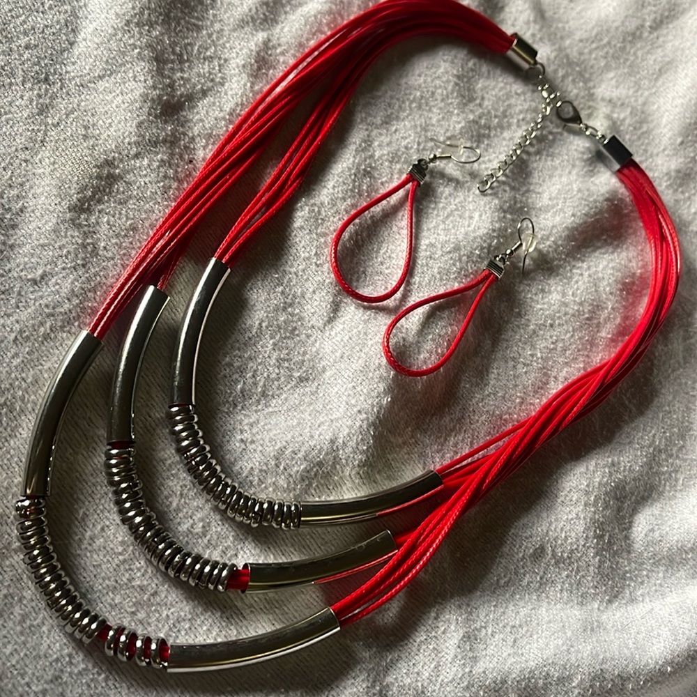 Modern Leather Red Rope Necklace & Earrings Set, NOS